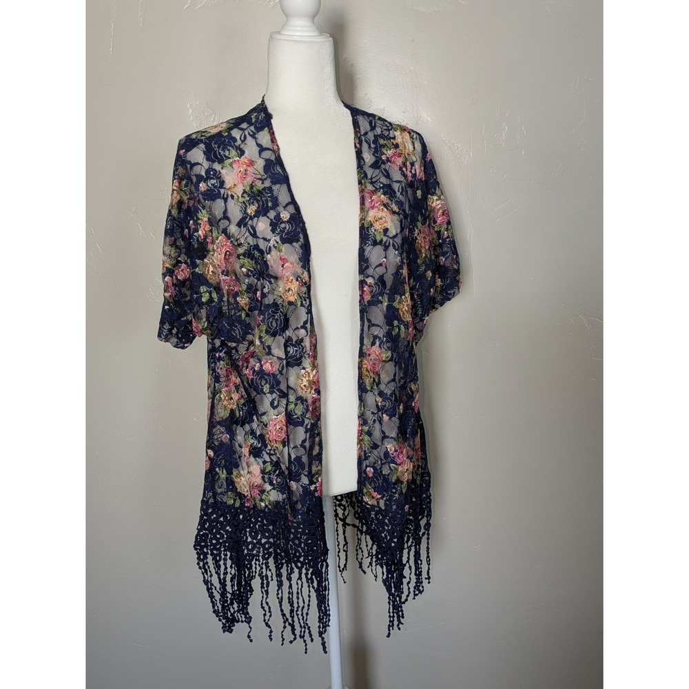 Sweet Rain Floral Lace Kimono Women Small Navy Blue Excellent Fringe Boho Wrap